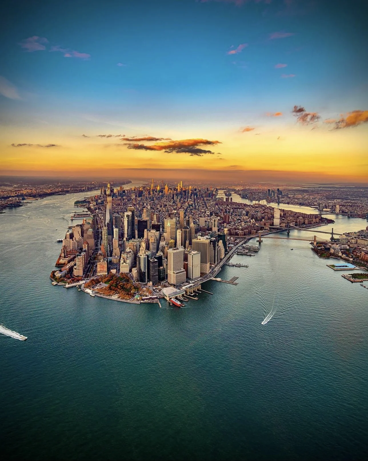 Aerial view of Lower Manhattan at sunset