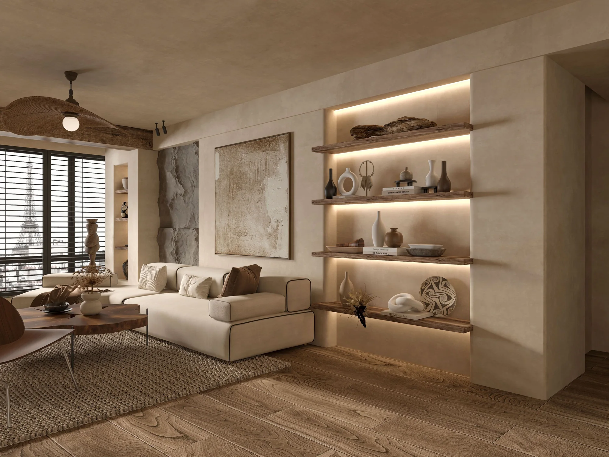 Natural sand walls in a softly illuminated living room