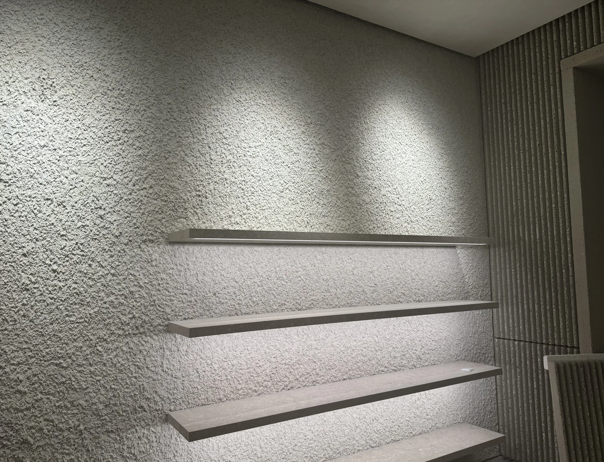 Moonstone textured wall with floating display shelves