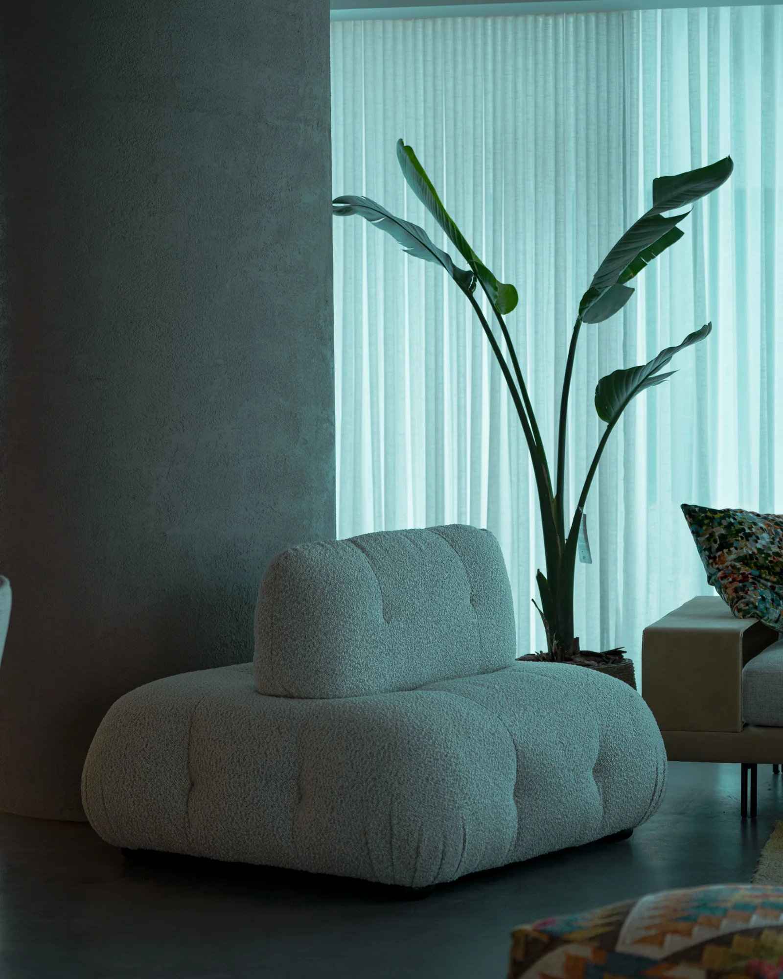 Graphite textured plaster wall in a softly lit contemporary lounge