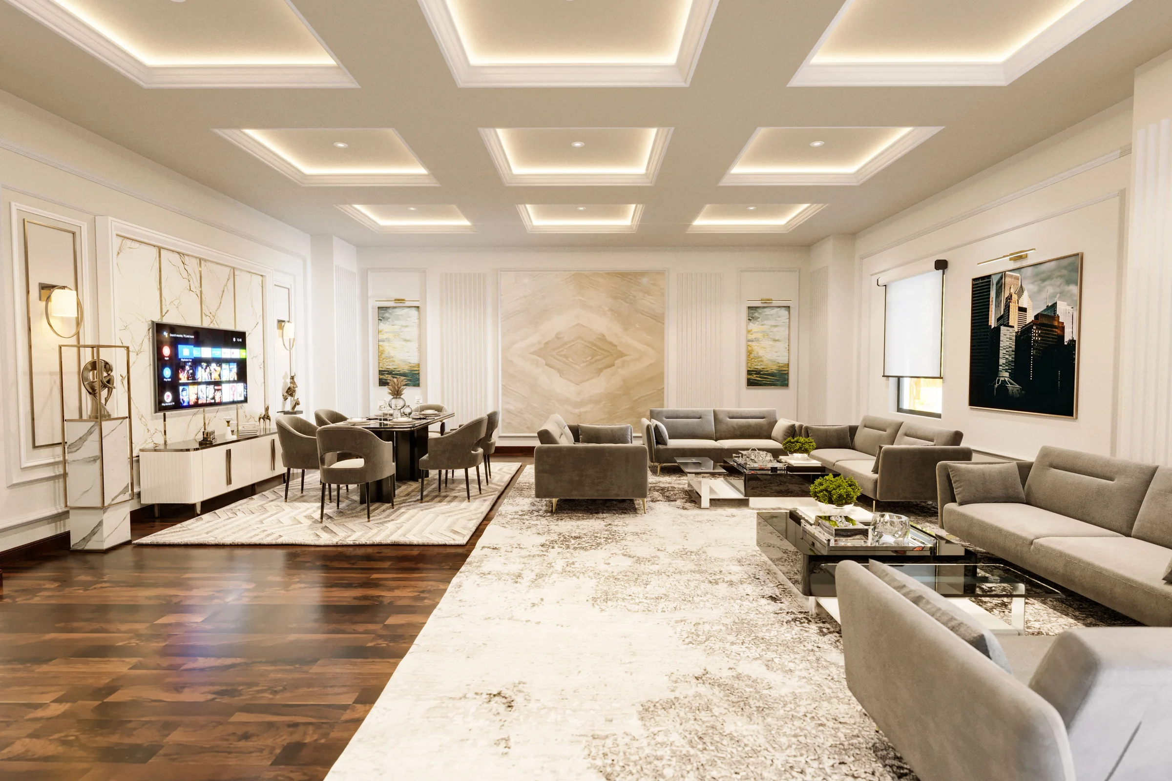 Grand living space with warm mineral walls